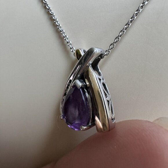 Pendant Necklace 18" Pear Shape Purple Amethyst 925 Sterling 14K Gold Plate 3.5g - Picture 4 of 8